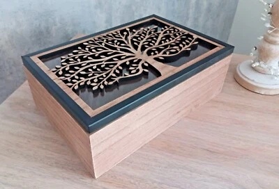 Tree Of Life Wooden Box Carved Design Large Storage Box Glass Top & Black Trim - Image 1 of 4