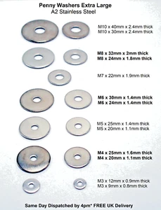 Penny Washers M3 M4 M5 M6 M7 M8 M10 A2 Stainless Steel Extra Large 4/8/12/16/ 20 - Picture 1 of 4