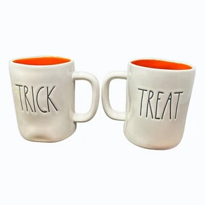 Rae Dunn Trick Leckerli Becher Halloween Becher 16 Unzen doppelseitig weiß orange Keramik - Bild 1 von 7