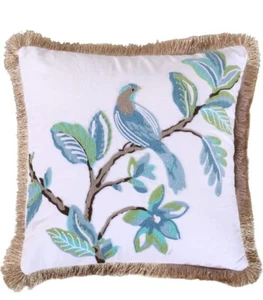 Levtex Home Cressida Crewel Vogel Fransenborte Kissen 18x18 Neu mit Etikett - Bild 1 von 5
