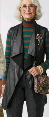 Chico's 背心女式中号黑色人造皮革瀑布露面混合介质 — 第 1/4 张图片