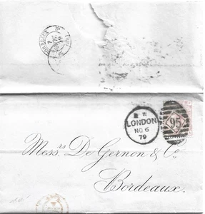 GB 1879 2.1/2d Rosy Mauve Pl.16 Entire with London 95 Duplex to Bordeaux - Picture 1 of 2