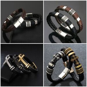 Stainless Steel Men's Cross Black Braided Leather Bracelet Cuff Bangle Wristband