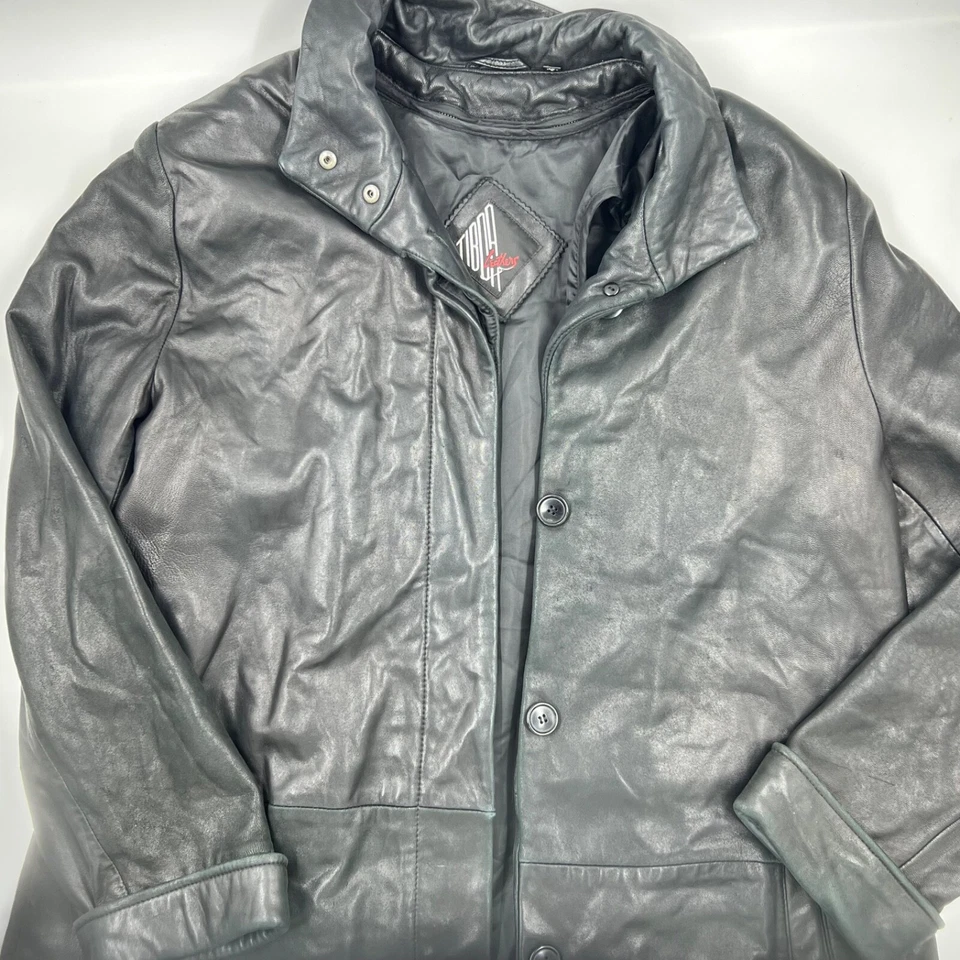 Tibor Womens Leather Jacket Size 10 Black Leather Vintage Button Long Lined - Image 1 of 4
