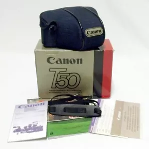 Custodia fotocamera originale Canon T50 montata su tela blu con cinturino, manuale e scatola di vendita al dettaglio - Foto 1 di 12