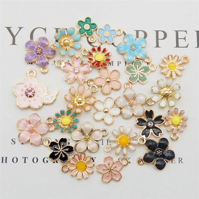 GRACEANGIE 20-pack Multicoloured Metal Gold Enamel Flowers Pendant Charms Jewellery Craft