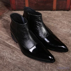 Mens Pointy Toe Brogue Ankle Boots Real Leather Zipper Dress Formal Casual Shoes - Picture 1 of 26
