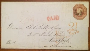 Great Britain Scott #6/SG #11 10p embossed QV on 1854 FL to NYC, SG Cat £3,250 - Picture 1 of 4