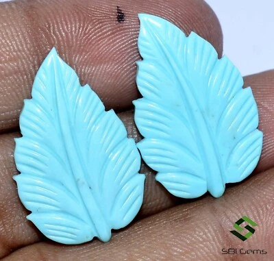 26x16 mm Natural Turquoise Handmade Carving Pair 12.71 CTS Leaf Shape Loose Gems - Image 1 of 4