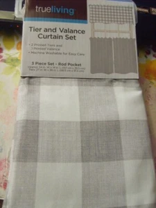 TRUELIVING~GRAY & WHITE PLAID~3 PIECE TIER & VALANCE CURTAIN SET~NEW~ROD POCKET - Picture 1 of 3