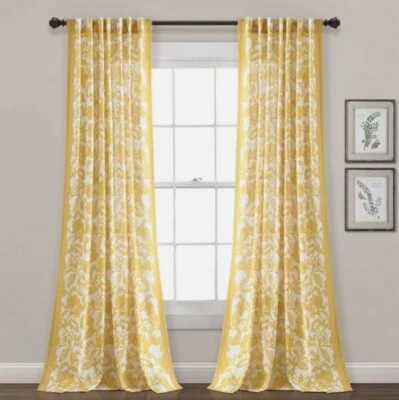 Emma Textured Jacobean Window Curtain Panel Single Panel 84 x 52 Yellow New - Image 1 of 4
