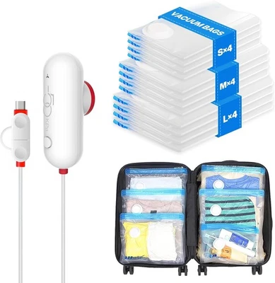 Paquete de 12 bolsas de almacenamiento al vacío de viaje VMstr combo de 12 + bomba USB, rojo y blanco  Foto 1 de 4