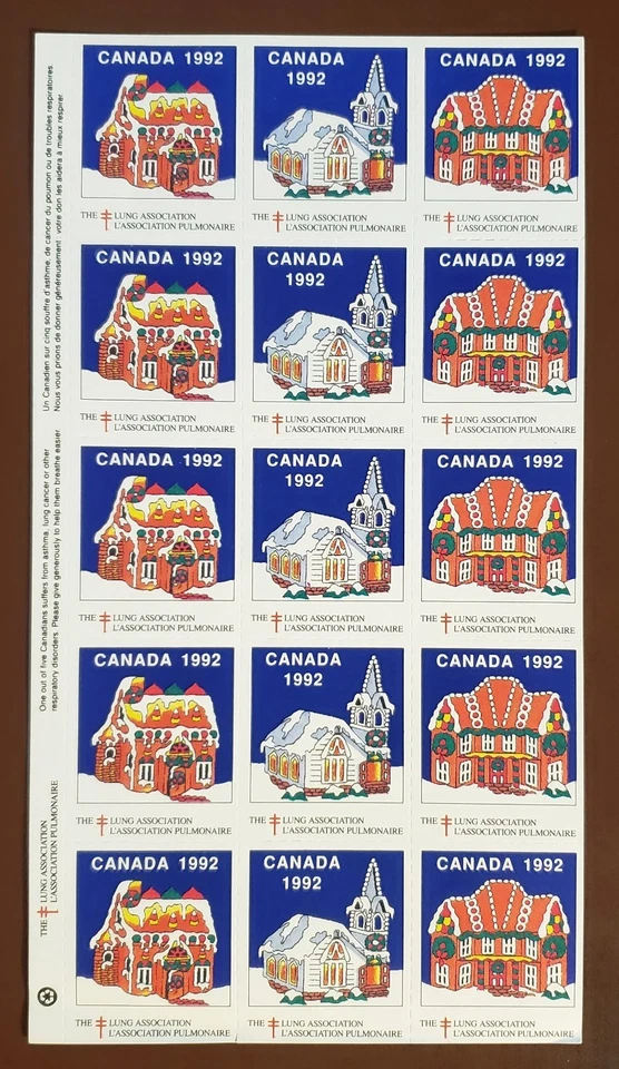 Stamps Canada B of B: Christmas Seals #91 full pane of 15 from 1992  VF MNH - Image 1 of 1