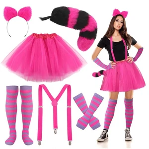 6-teiliges gestreiftes Katzenkostüm für Damen mit rosa und lila gestreiften Katzensockenarm... - Bild 1 von 6