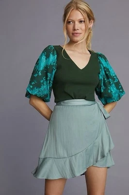 Anthropologie Dolan Elegant Green Puff Sleeve Top XL MSRP $88 - Image 1 of 4