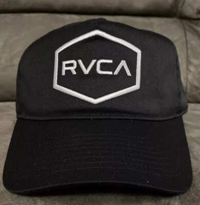 Новый с Ярлыками RVCA бейсболка / крышка черный белый печать регулируемый O/S - Изображение 1 из 4