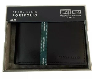 Perry Ellis Black Luxury Leather Portfolio Passcase Wallet with Removable ID - Picture 1 of 1