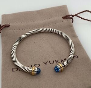 David Yurman Blue Topaz Cable Bangle Bracelet With14k Yellow Gold Bracelet 5mm