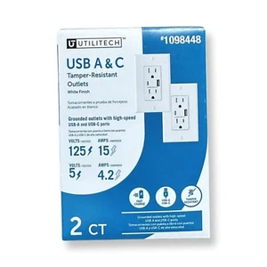 Utilitech 1098448 USB A & C Tamper Resistant Outlets - White - 2 Pack - Picture 1 of 1
