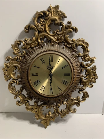 VTG MCM Hollywood Regency Homco Burwood Quartz Gold Plastic Wall Clock 23'' Cover