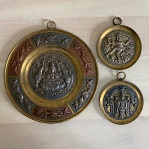 VINTAGE INDIAN BRASS WITH COPPER & SILVER RELIEF WALL PLATES GOD PLAQUE SET OF 3 - Picture 1 of 10