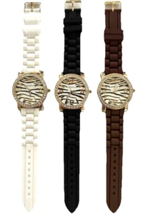 Ladies Geneva Goldtone Silicone Rubber Band Watch Zebra Print Black Brown White - Picture 1 of 2