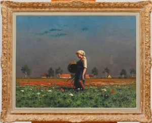 Antiguo arte maestro hecho a mano pintura al óleo antigua paisaje niña flores sobre lienzo - Imagen 1 de 2