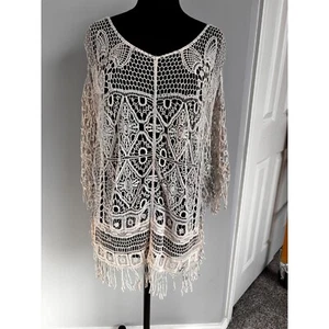Häkel Cover Up Tunika Top Fransen Boho Strand Sommer Festival Neutral Gr. Small - Bild 1 von 9
