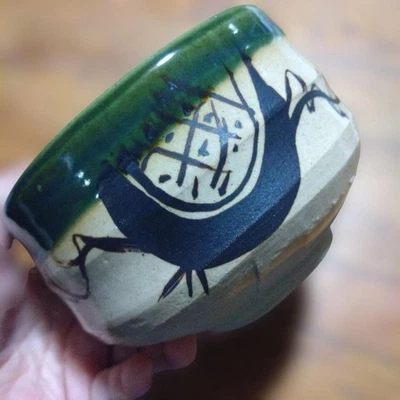 Японская керамика матча чаван зеленая и бежевая глазурь чайная церемония - Изображение 1 из 4