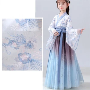 Kid Girl Floral Embroidered Shiny Mesh Hanfu Blue Swing Chinese Dress Retro Chic - Picture 1 of 15