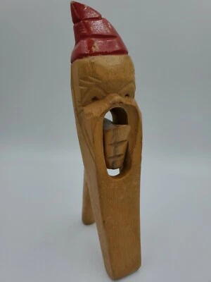 VTG Hand Carved Wood Gnome Man Santa Figural Nut Cracker Red Hat Folk Art - Image 1 of 4