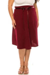 Plus Size Solid A-Line Knee Length Skirt with Waist Bow Tie Accent - Picture 1 of 20
