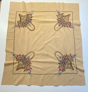 Vintage Linen Tablecloth w/ Cross Stitched Floral Baskets - Purple, Blue & Pink - Picture 1 of 6