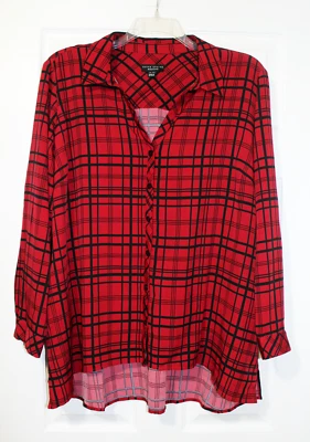 Blusa túnica a cuadros Susan Graver XLP negra/roja nueva sin etiquetas Foto 1 de 3
