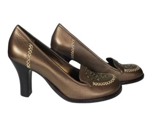 Gianni Bini Bronze Round Toe Block Heels Sz 8.5 Floral Contrast Stitch Workwear  - Picture 1 of 12