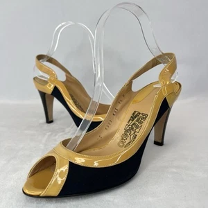 Salvatore Ferragamo Sling Back Tan Patent Leather Trim Peep Toe Pumps Size 7.5 - Picture 1 of 13
