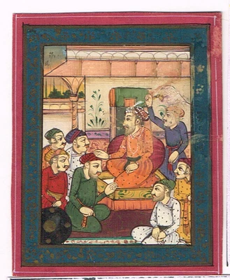 Pintura en miniatura india hecha a mano de la escena de la corte del emperador mogol 2x2,75" Foto 1 de 4