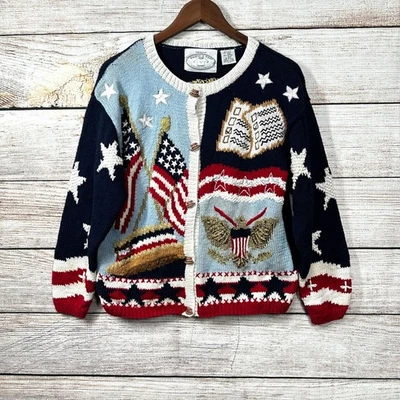 Eagles Eye Collectibles Patriotic Knit Sweater S Flag Eagle Bear 90s Vintage - Image 1 of 4