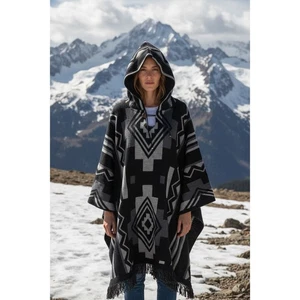 Azteken Poncho Geometrisch Kapuze Schwarz Grau Fransen One Size - Bild 1 von 5