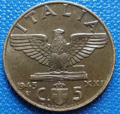 MONETA REGNO V.E.III 5 CENT.IMPERO 1943 XXI,RARA,BRONZITAL 3 GR,CONS. SPL QFDC - Immagine 1 di 4