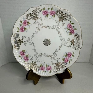 Vintage Teller mit zwei Henkeln Blumenmuster rosa Goldrand überbacken Netz - Bild 1 von 18