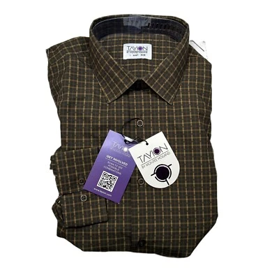 Tayion Slim Fit Plaid Dress Shirt Mens Large 16-16.5 34/35 Black Gold White NEW - Image 1 of 4
