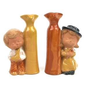 Vintage Mid Century Modern Steinzeug Junge & Mädchen Figur Knospe Vasen UCTCI - Bild 1 von 7
