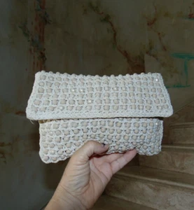 60's Vintage The May Co Crochet & Beaded Clutch Purse Straw Evening Bag Boho - Picture 1 of 8