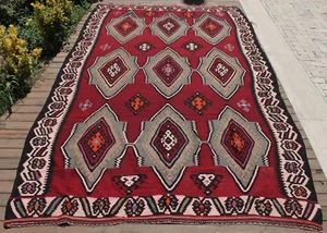Alfombra oriental turca Kilim 6x10 tamaño grande vintage roja hecha a mano 204x306 cm - Imagen 1 de 12