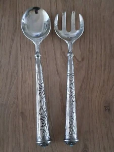 Vintage Ornate Salad Serving Spoon & Fork Silver Tone & Turquoise Tone - Picture 1 of 13