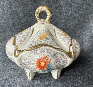 Vintage Porzellan Deckel Kommode Pulver Box Süßigkeiten Geschirr Füße Blumenmuster Gold vergoldet - Bild 1 von 24