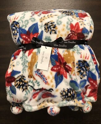 NWT Vera Bradley Winter Forest White Whimsy Pom Fleece Throw Blanket 80” x 50” - Image 1 of 3
