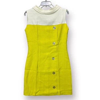 Vintage 60s Womens Shift Dress MOD colorblock Citron Green Off White M Woven - Image 1 of 4