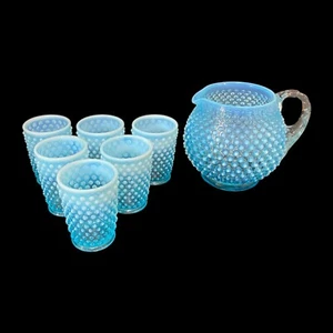 1940s Fenton USA Blue Opalescent Hobnail Glass Juice Tumbler Pitcher Set 7 Piece - Picture 1 of 12